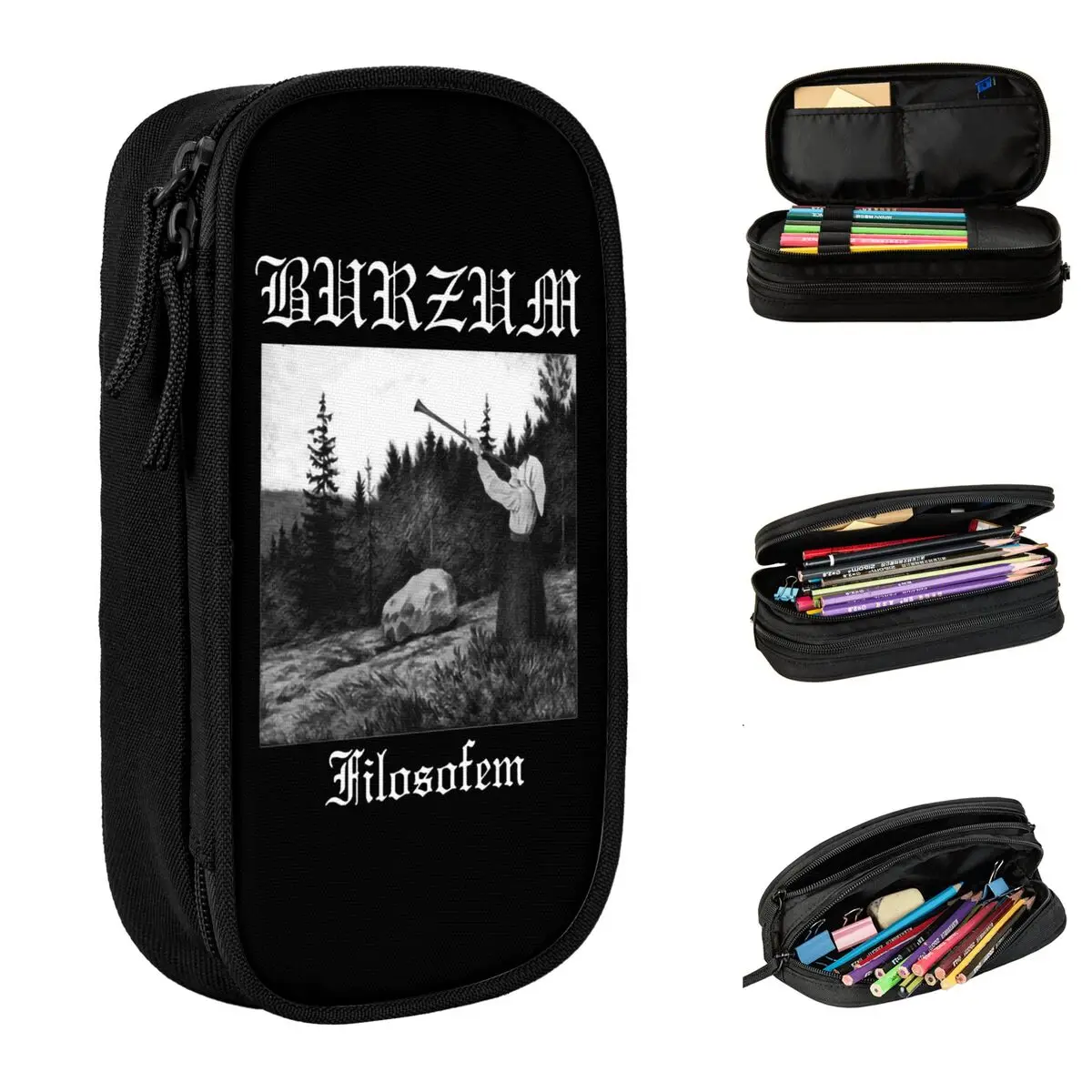 Черный металлический пенал Filosofem, новый Burzum ручка, сумка для студентов, большая вместимость, школьные принадлежности, пеналы на молнии