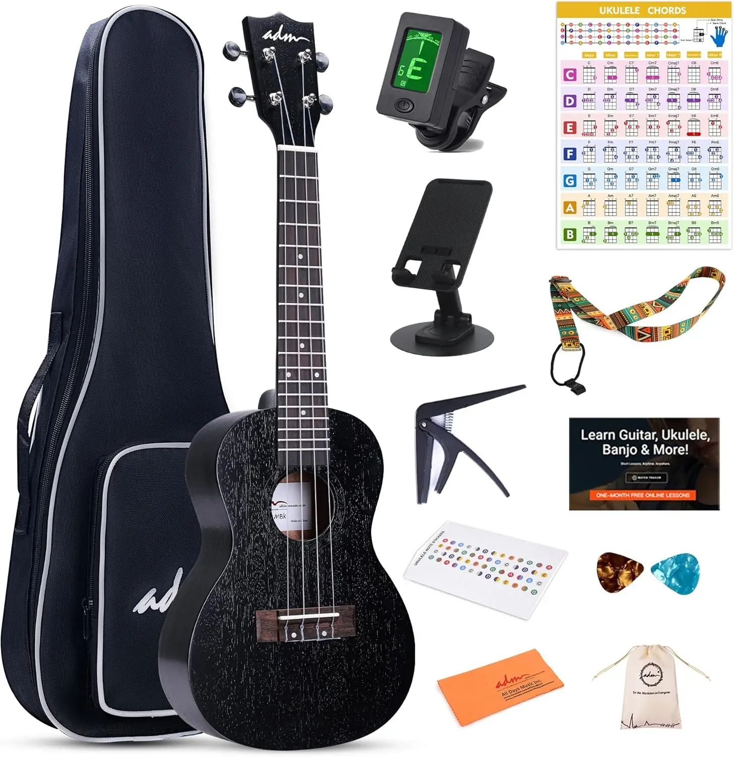 23 Inch Ukulele Starter Bundle with Free Lessons, Mahogany Wood, for Kids & Adults - Yellow Brown (Black Sapele)