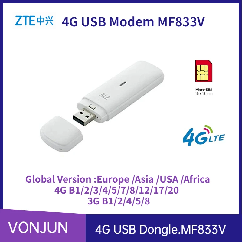 

Unlocked ZTE MF833V USB Dongle 150 Mbps Wireless 4G LTE Modem MF833 Global Universal Network Card