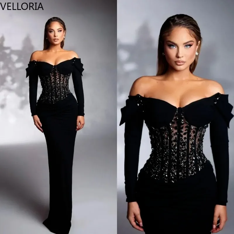 Vestido De noche elegante De sirena negro con diamantes De imitación y hombros descubiertos, vestido De fiesta De manga larga con tren, vestidos De Fiesta personalizados