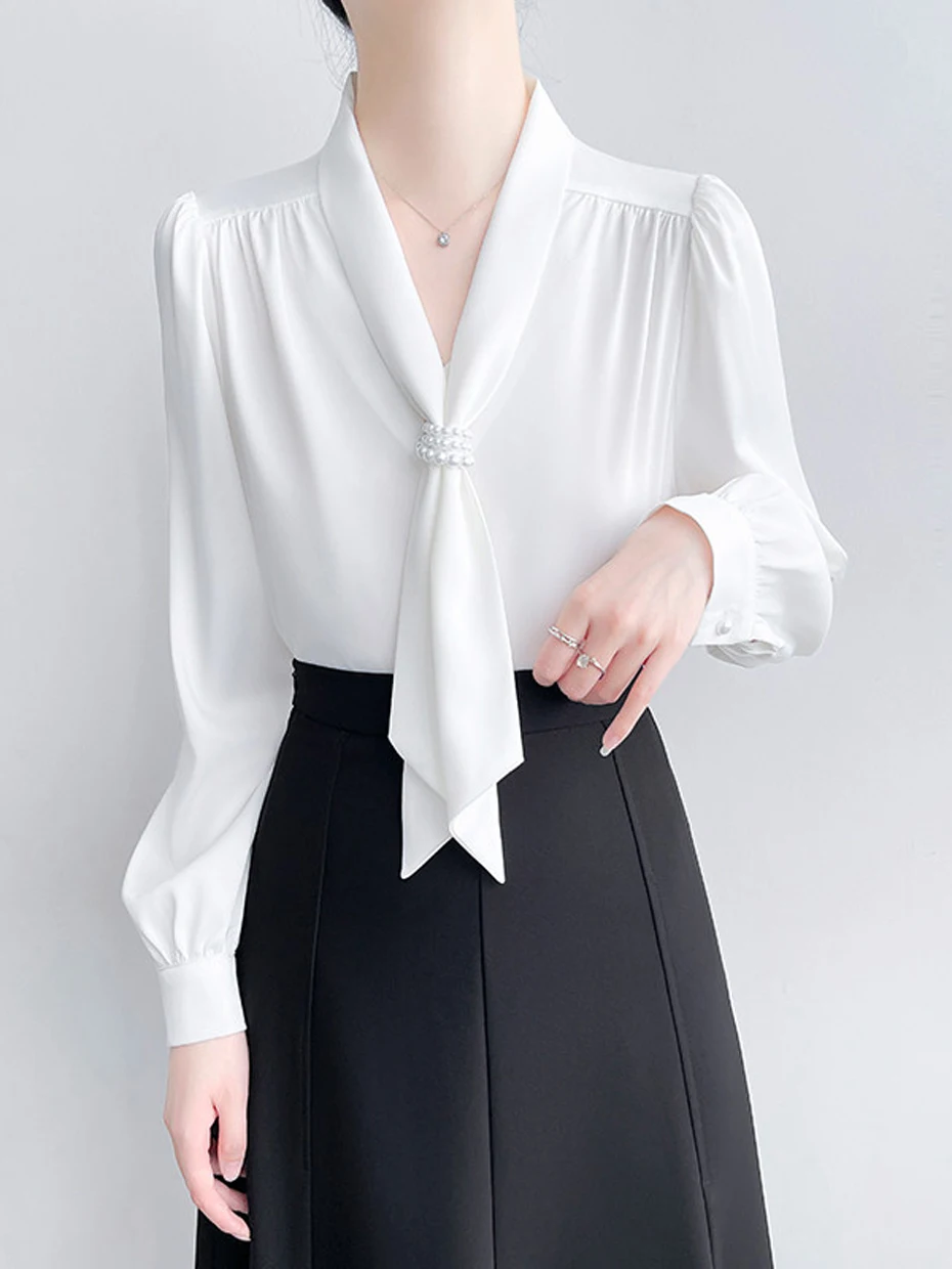 

White Professional Long Sleeve Shirt Women's Early Spring Commute Interview Satin V-neck Mannerly French Style Loose Fit Shirt