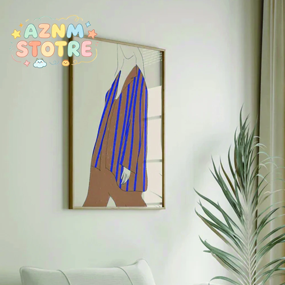 Eclectic Vibrant Abstract People Poster Girl In Comfy Brown Blue Canvas Print Picture Painting Living Room Wall Art Home Deco
