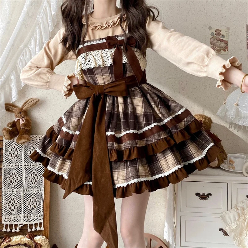 Autumn Winter Academy Style Lolita Set Detachable Fleece Neck Short Skirt Three Piece Brown Plaid Lolita Skirt