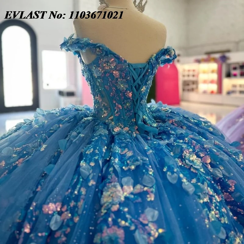 Evlast Glanzend Blauw Quinceanera Jurk Baljurk Kant Pailletten Met Kralen Kristal Korset Sweet 16 Vestidos De Xv 15 Anos Sq161