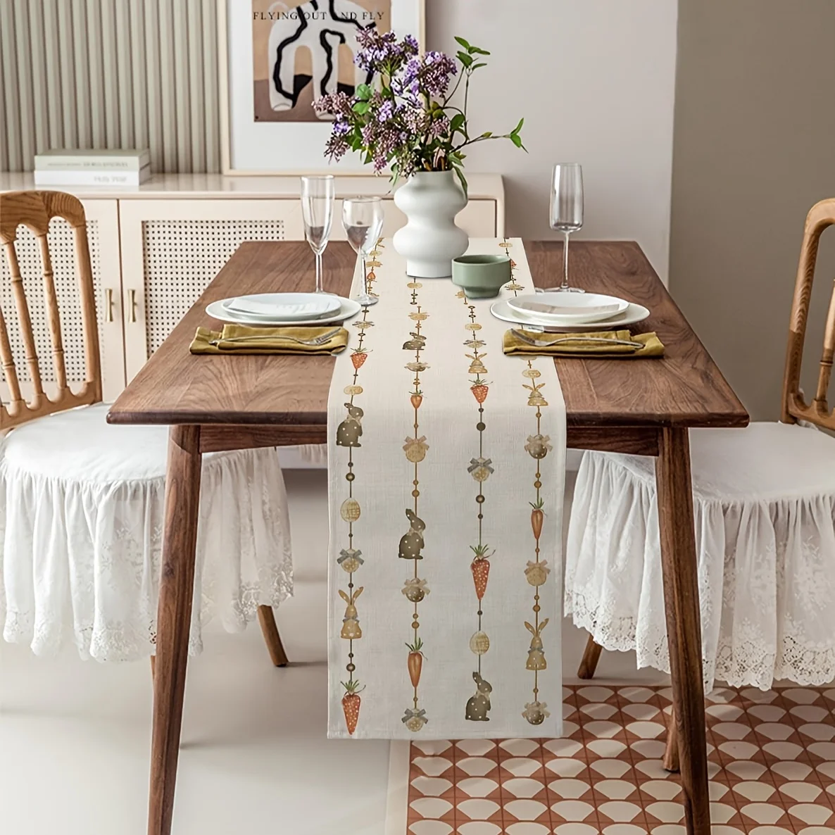 Polyester Table Runner Featuring Easter Bunnies Carrots Cute String Arrangement Ideal For Easter Party Table Settings Creating