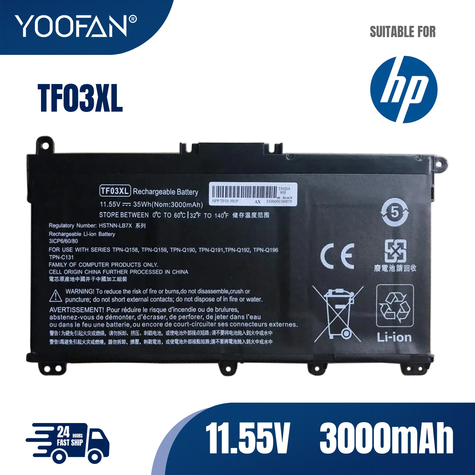 YOOFAN TF03XL Battery For HP 14-bp080nd 14-bf 15-CC TPN-Q188 Q189 Q190 Q191 Q192 Q201 HSTNN-LB7X HSTNN-LB7J 920070-855 11.55V