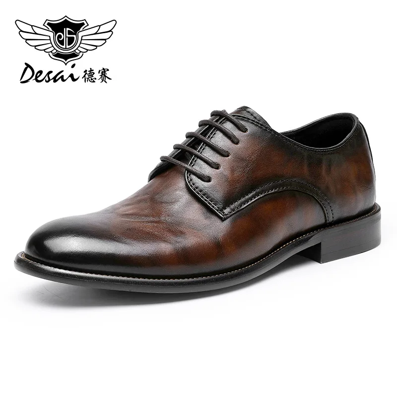 

Desai Business Casual Men's Toe Layer Cowhide British Derby Shoes Bright Black Formal Groom Shoes