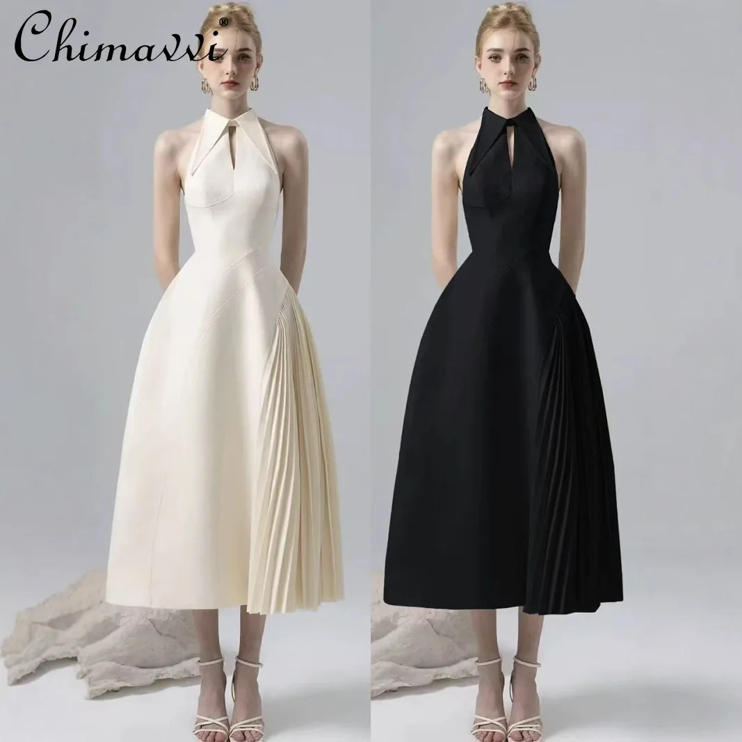 

French Elegant Temperament Socialite Evening Dresses Sleeveless Off-Shoulder Halter High Waist A-line Pleated Long Dress Women