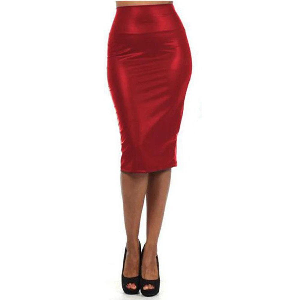 

Womens High Waist Vinyl PVC Leather Skirts Office Lady Back Slit Pencil Skirt Elegant Stretch Latex Look Midi Skirts Clubwear