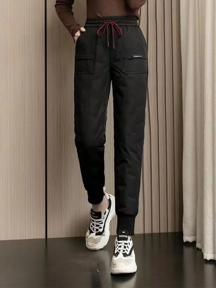 Pantalones informales de invierno de cintura alta para mujer, pantalones de algodón du abajo, pantalones largos rectos de tubo, pantalones cálidos y cómodos