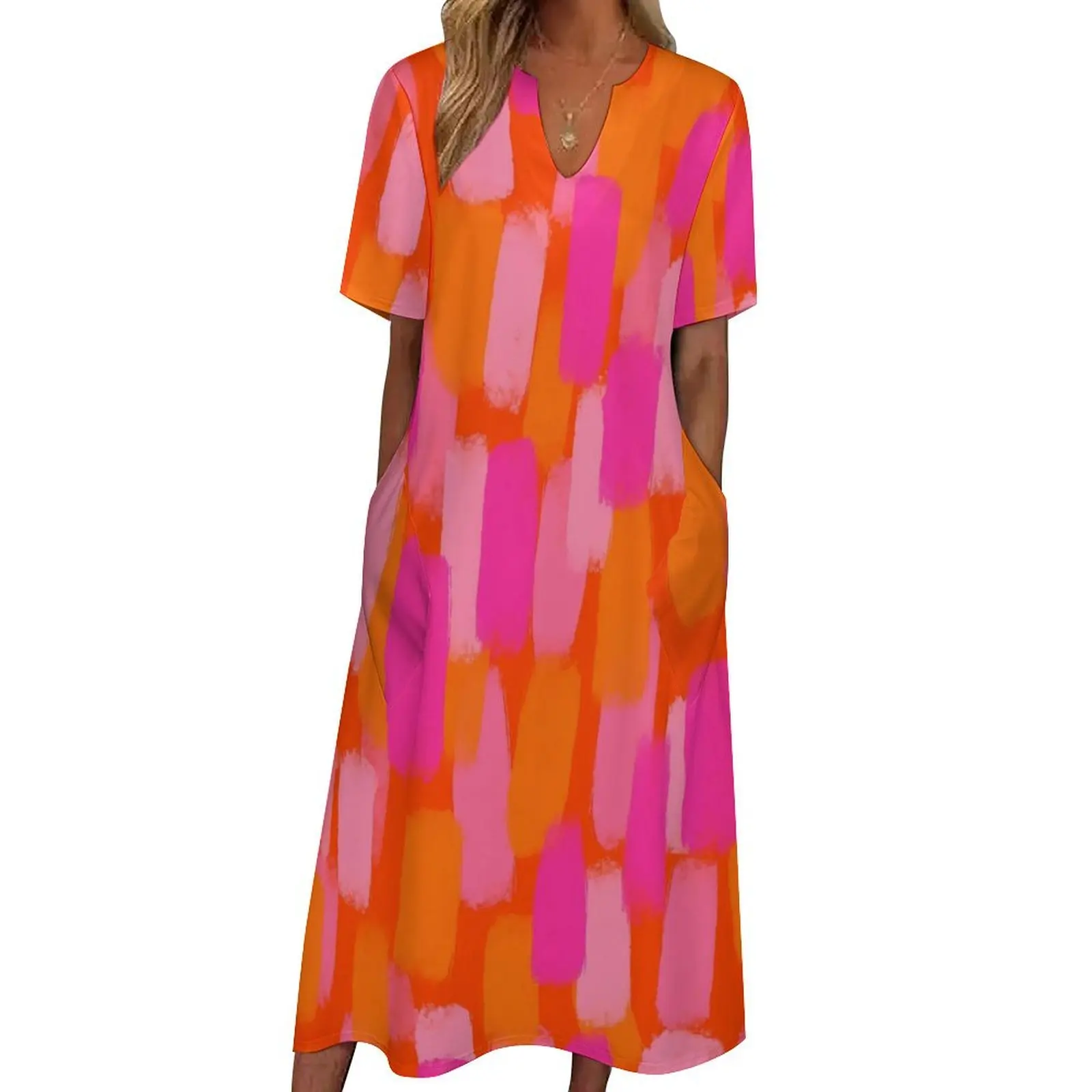 Abstract Paint Brush Dress Pink and Orange Vintage Maxi Dress Short Sleeve Boho Beach Long Dresses Street Style Big Size Vestido