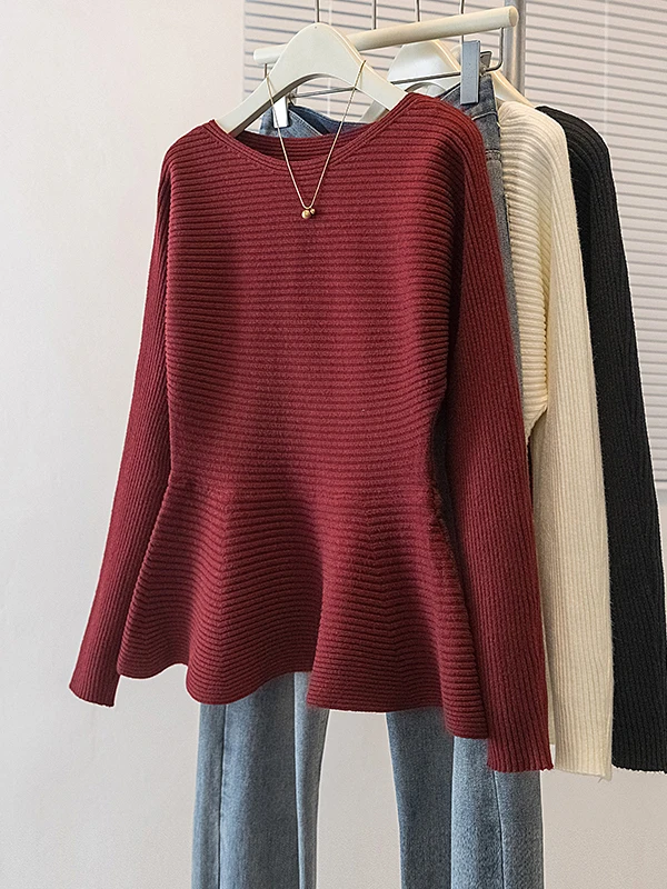 

Elegant Knitted Sweater Women's plus Size Base Shirt Spring New Style Red Color Full Sleeve round Neck Korean Style Commute F...