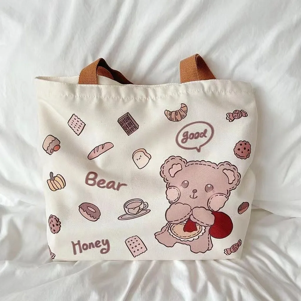 Canvas Tote Bag Women Cute Kawaii Cartoon Bear Printed Shoulder Bag Aesthetic Large Capacity School Book Bag Reusable Shopper