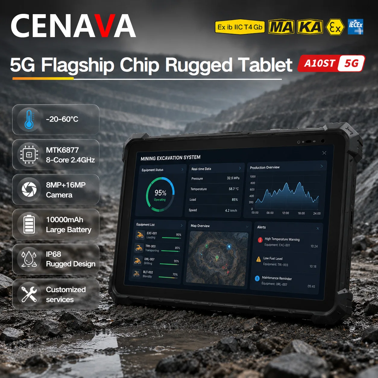 CENAVA A10ST-5G 10.1inch Rugged Tablet MTK6877 Android12 NFC WiFi BT IP68 Industrial Custom ID/UHF/2D Scanner Explosion Proof