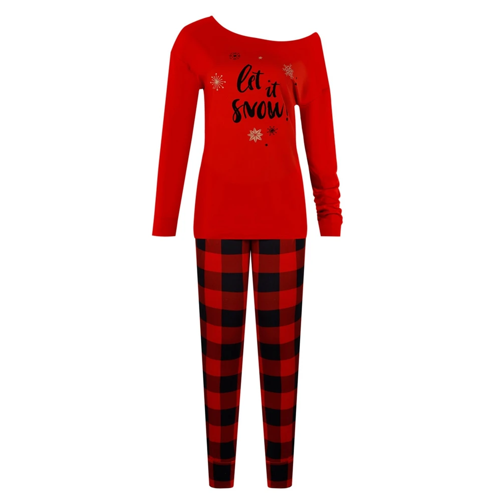 2PCS Set Christmas Women Pajama Sets Printed Long sleeve Loose T shirt Top And Plaid Pants Suit Women Casual Home Clothes