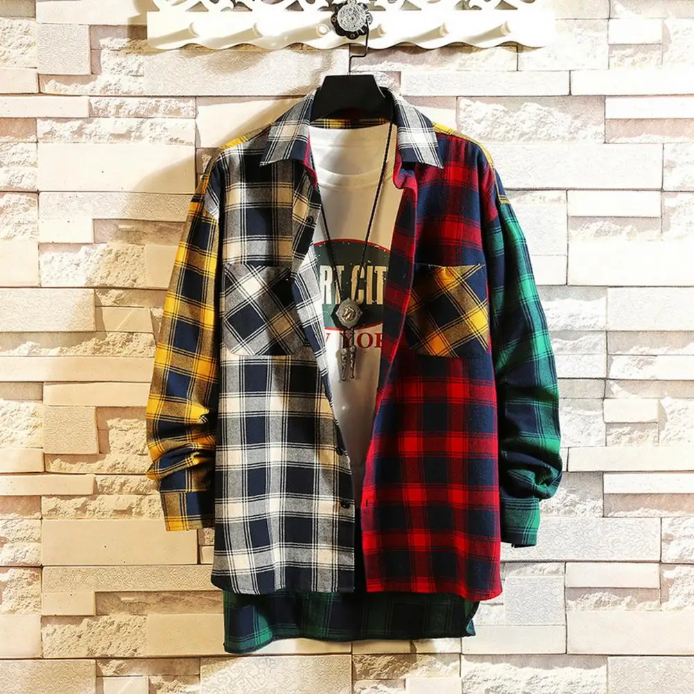 Colorful Long-sleeved Shirt Stylish Men's Colorblock Plaid Cardigan Shirt Coat with Lapel Buttons Casual Streetwear for Spring