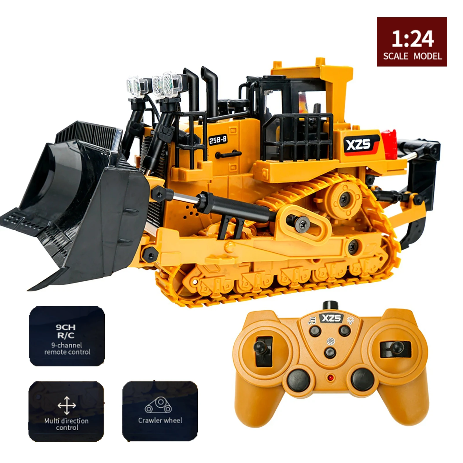 1:24 9CH RC Bulldozer Truck Car Crawler Type Alloy Shovel Engineer ing Forklift Heavy Excavator Children's Toys Gifts for Kids