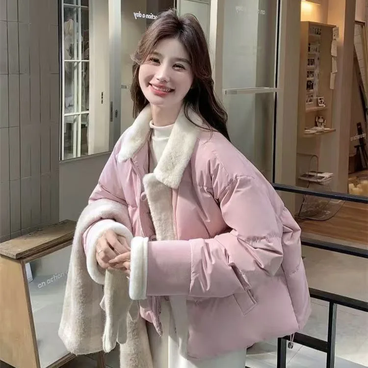 

Short Women Parkas Coat Shearling Jacket Solid Pocket Turn Down Collar Single Breasted Loose Fit Thick Casual 2025 Autumn Winter