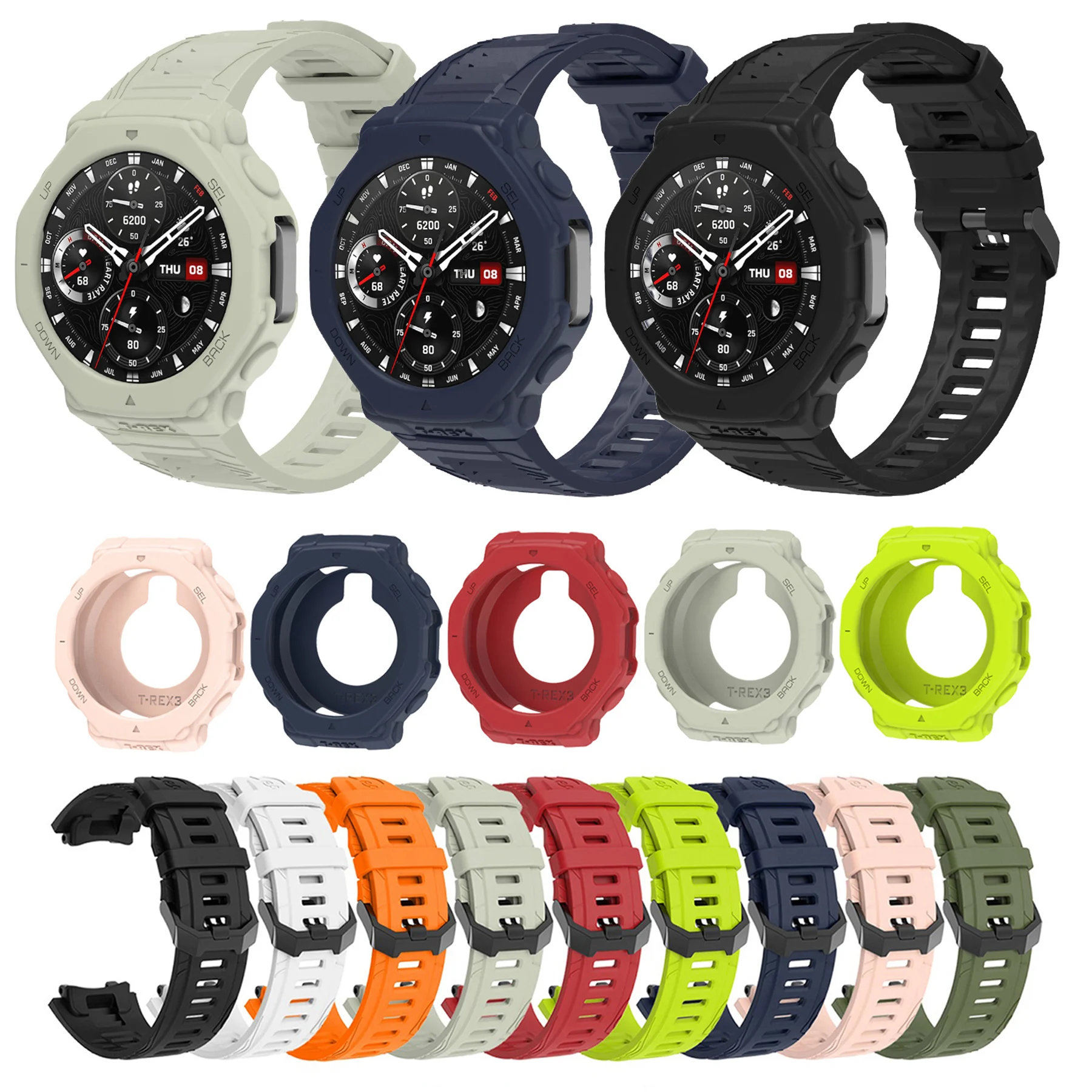 Strap&Case For Amazfit T-Rex 3 Smart watch,Texture Sport Replacement Soft Flexible Silicone Sweat Resistant Band Strap Wristband
