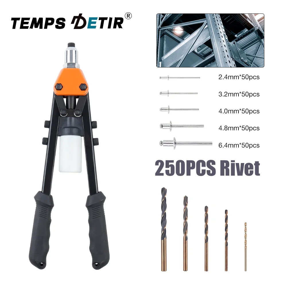 Rivet Gun Set, Manual Riveting Tool, Suitable For 2.4/3.2/4.0/4.8/6.4mm Rivets Home Rivet Gun Including 250 Rivets 5 Drill Bits
