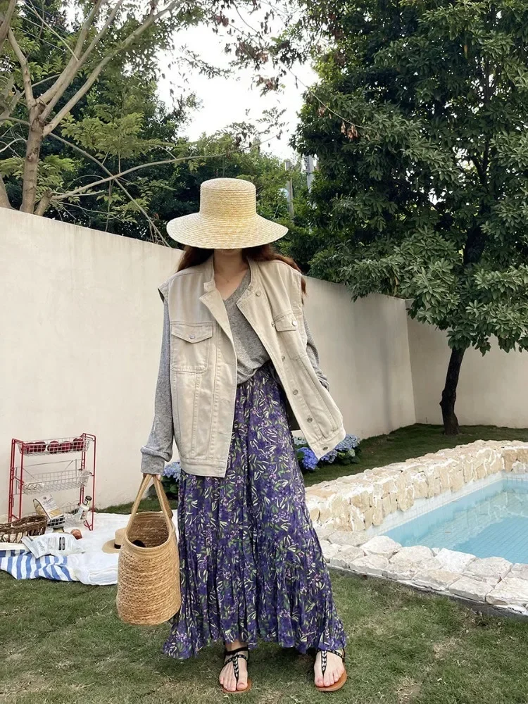 Fashion Vintage Floral Skirt for Women 2025 Summer New High Waist A-line Skirts Y2k E-Girl Mid-length Loose Faldas Mujer