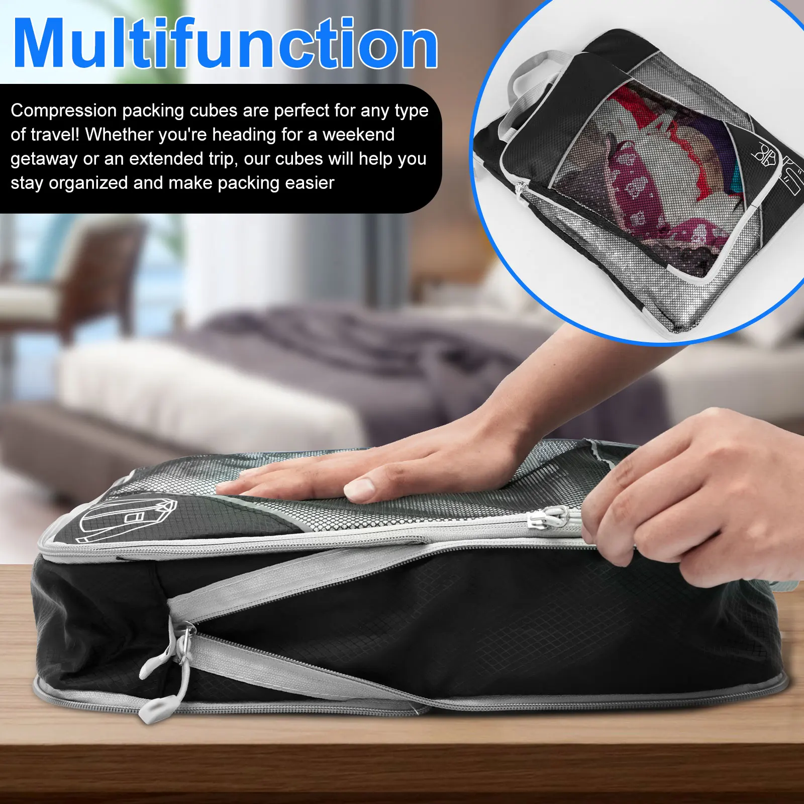 6Pcs Set Travel Bag Compression Packing Cubes Lightweight Durable with Storage Bag Nylon Luggage Suitcase Organizer Bags