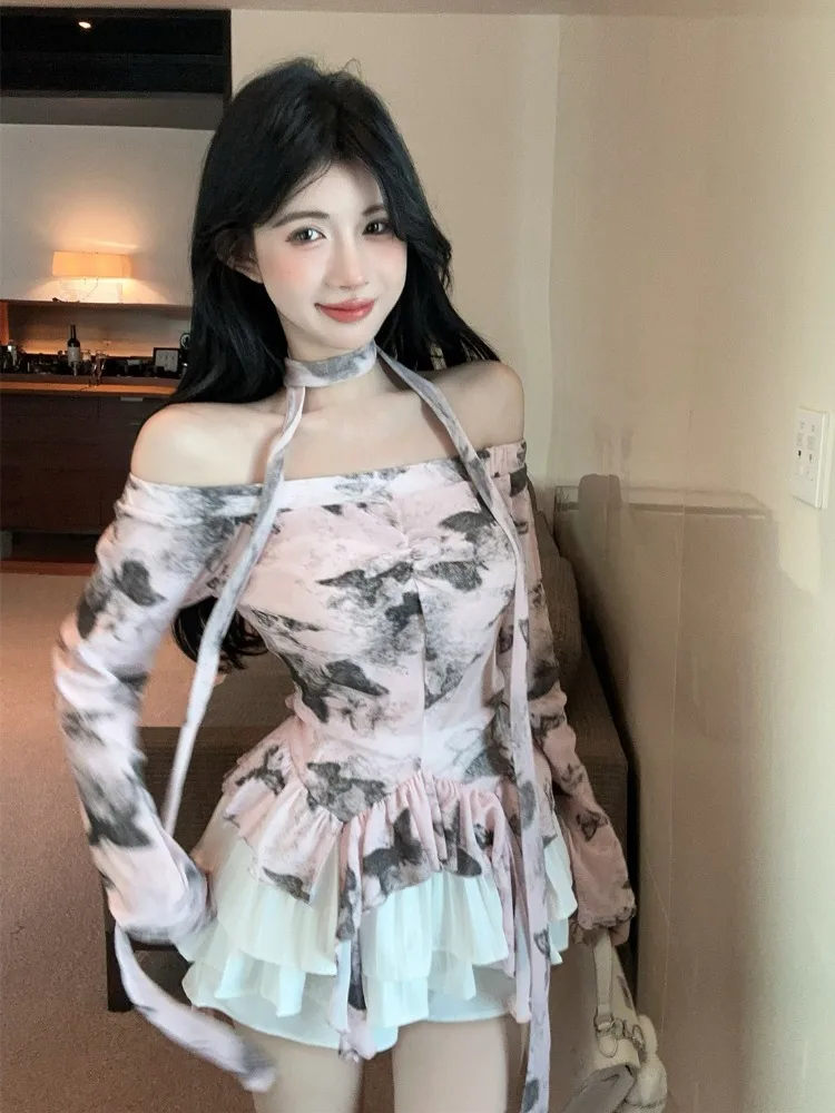 

American Dyeing One Shoulder Pure Desire Print Scarf Hem Long Sleeve High Waist Pleated Skirt Pants Set Women's Fas...