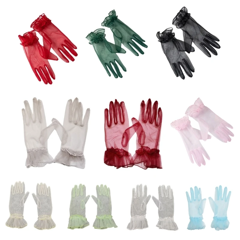 50JB Vintage Full Finger Gloves Short Wedding Gloves Party Gloves Wrist Length Tulle Gloves for Women Girls Concerts