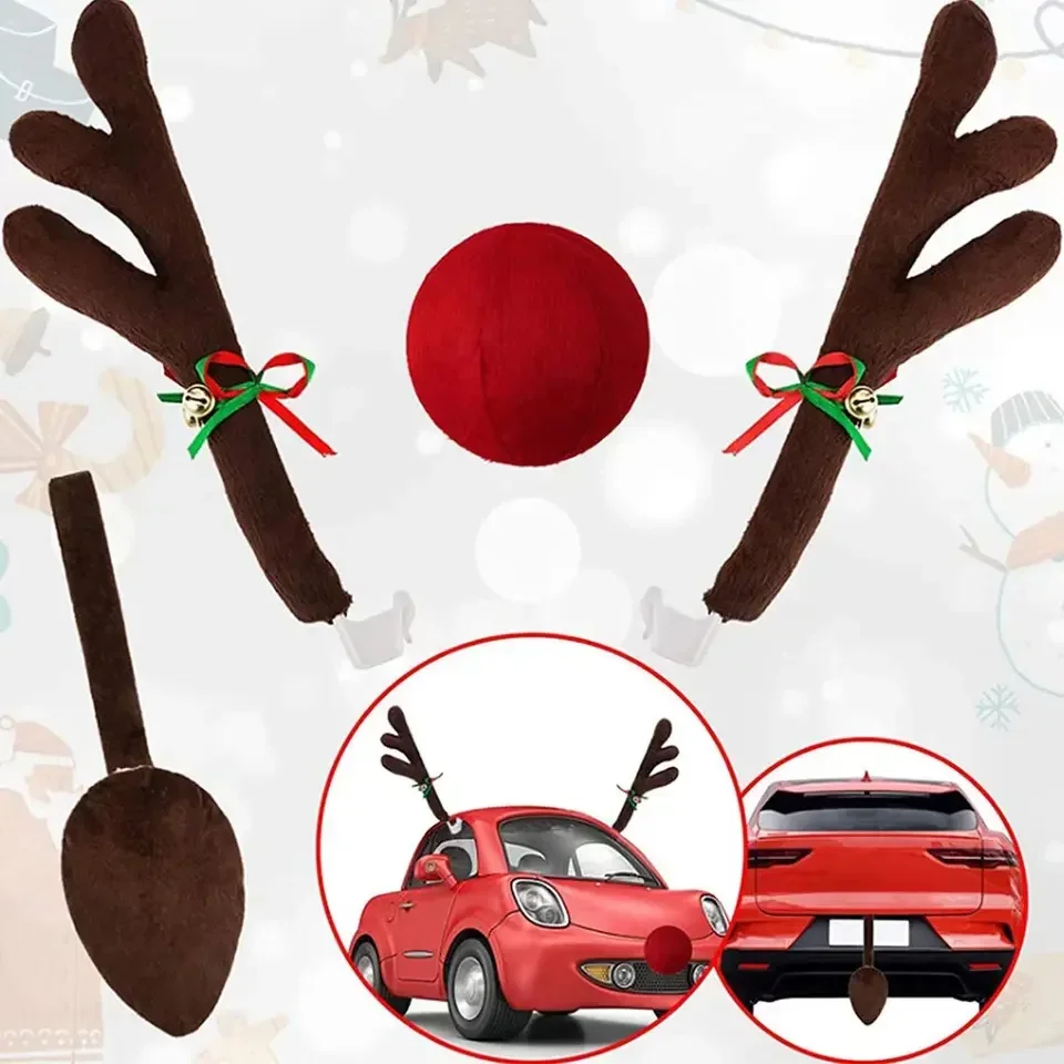 Christmas Car Decoration Deer Horn Antlers Car Kit with Red Nose and Tail for Holiday Gift Set Car Accessories Pendant - Image 4
