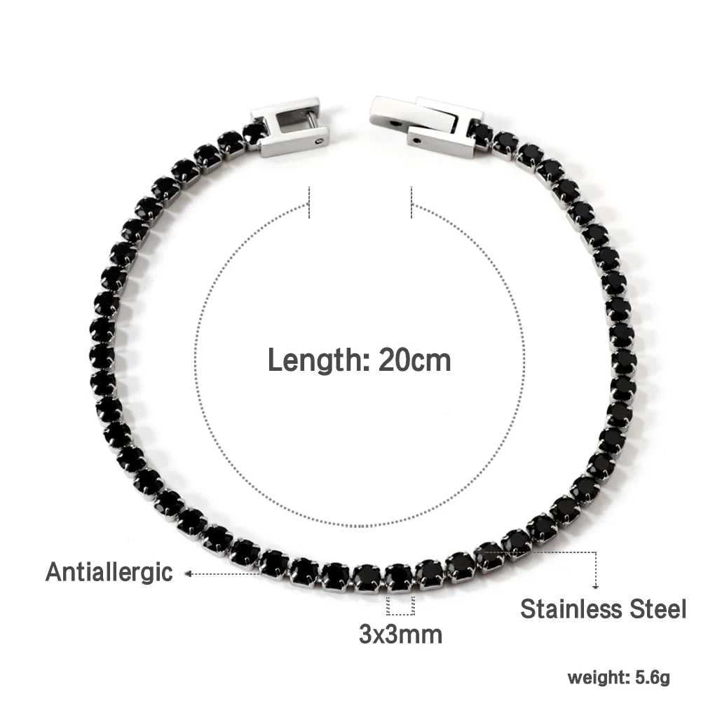 LUXUKISSKIDS Fashion 3MM Zirconia Tennis Braclets Gothic Men/Woman\'s Bracelet 4 Claw AAA White Black Shiny Stone Steel Jewelry