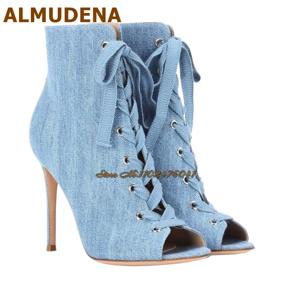 

ALMUDENA Blue Denim Open Toe Ankle Boots Stiletto Heel Lace-Up Short Booties Women Elegant Cross Tied Dress Shoes Motorcycle