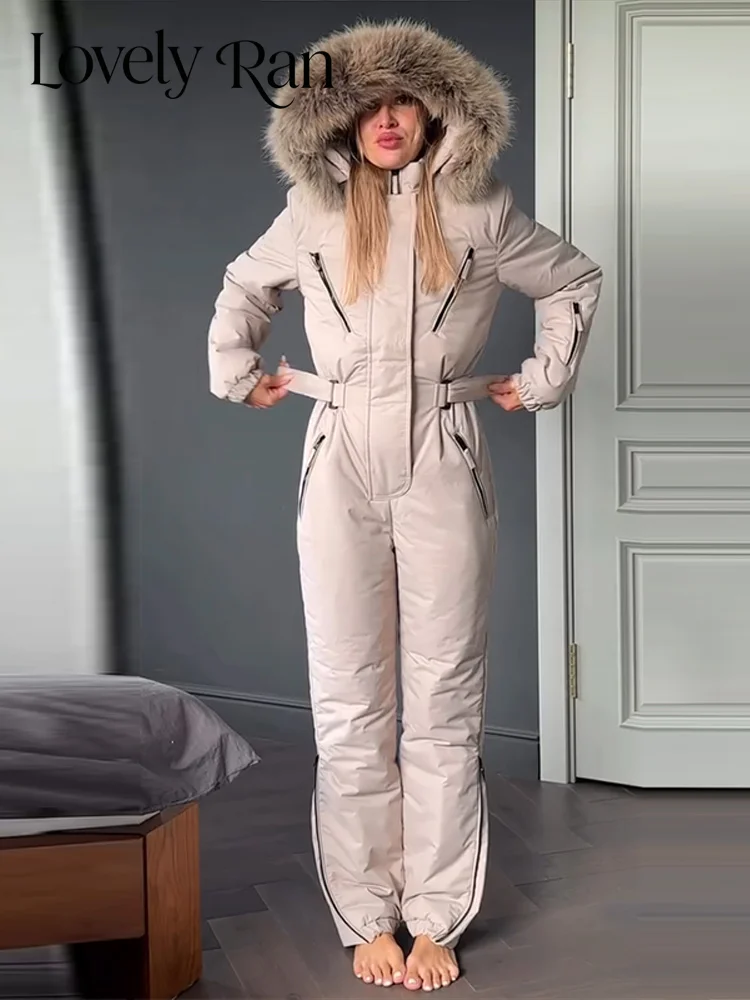 Solid Women Skiwear One-piece Hooded Zipper Pockets Cinched Waist Female Jumpsuit 2026 Winter Bodysuit For Skiing