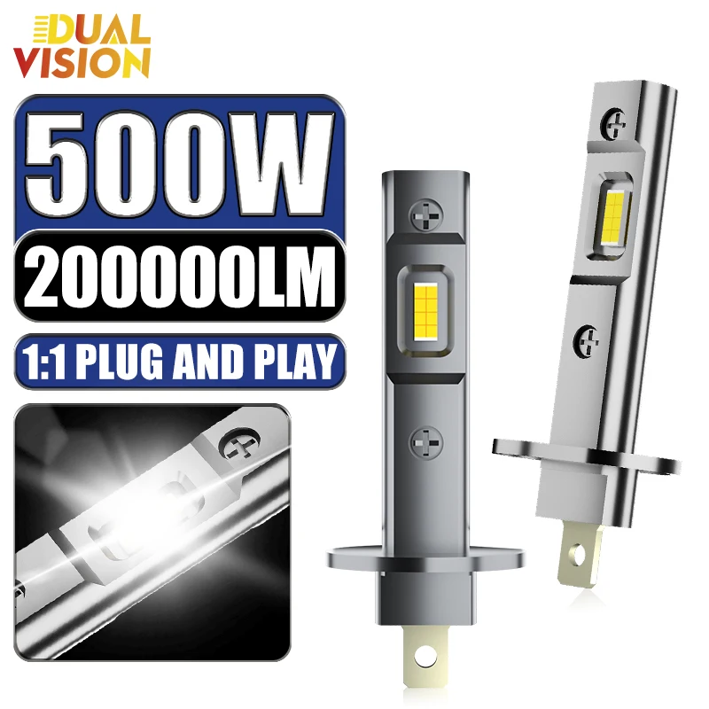 24V 36V 12V H1 LED Headlight 200000LM 6500K 500W 16PCS 7585 CSP Chip 1:1 Halogen Size Led H1 Fanless No Fan Mini Diode Truck Bus