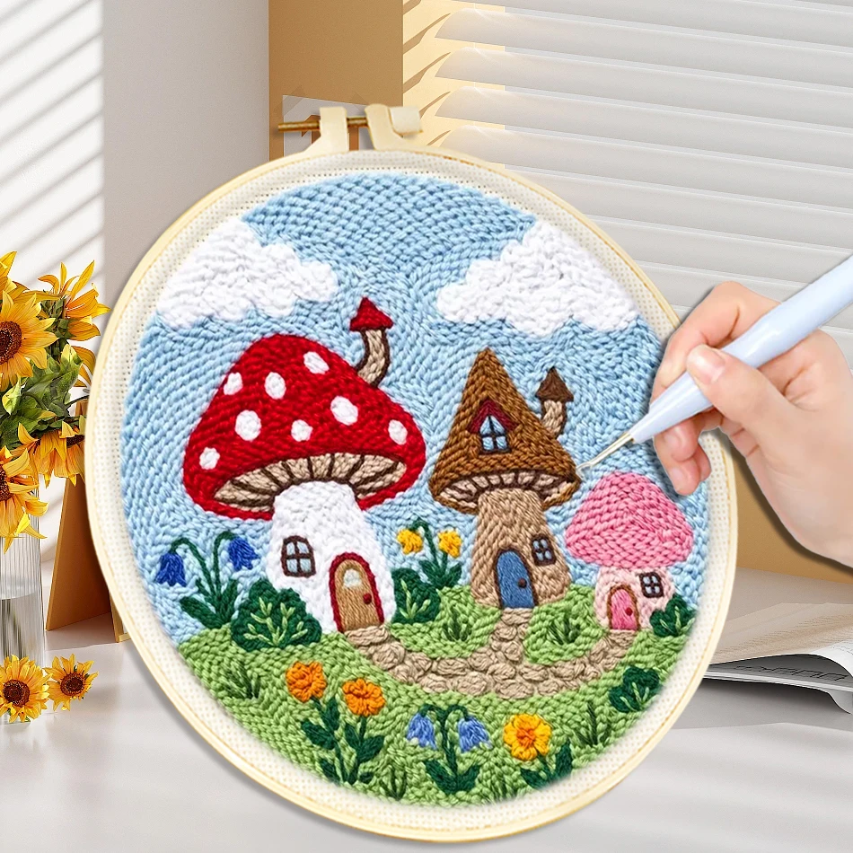 20x20cm Mushroom Punch Needle Embroidery Starter Kit DIY Kit Set for Beginner Craft Painting Sewing Art Poking Embroidery Set