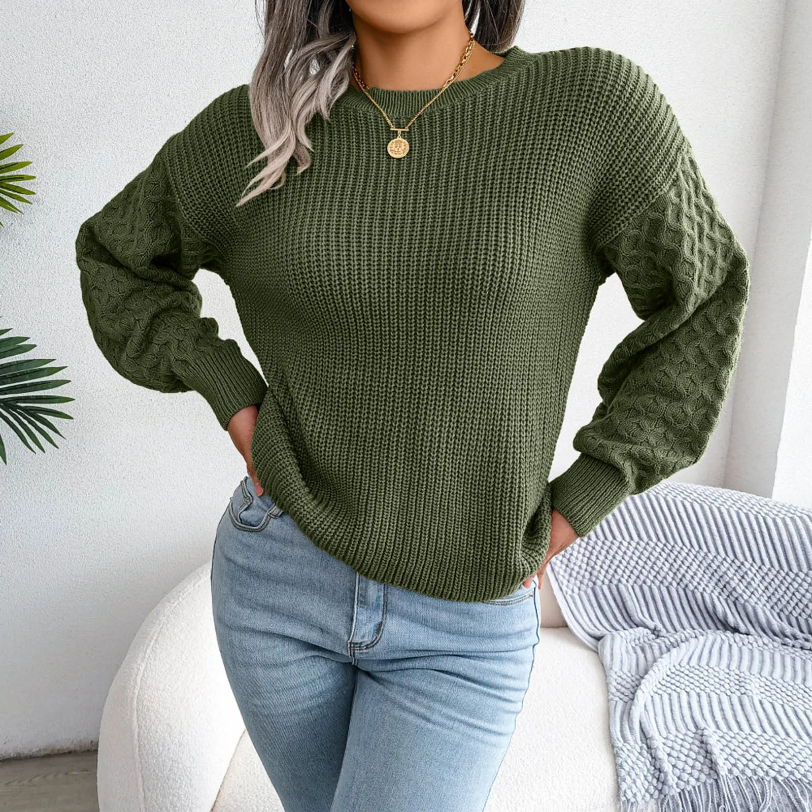 Fall Winter Long Sleeve Crew Neck Sweater Solid Color Cable Knit Chunky Pullover Tops Women Casual Oversized Comfy Sweaters