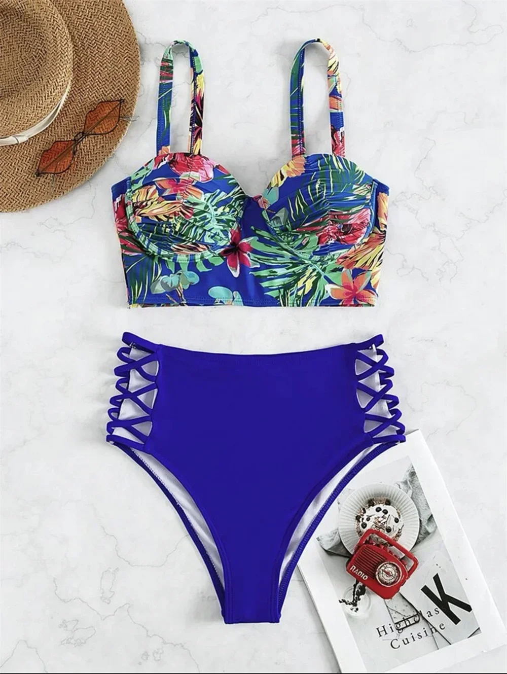 Sexy Push-Up-Bikini mit Blumenmuster, hoher Taille, aushöhlen, Y2K-Urlaubsbadebekleidung, Damen-Tankini, 2-teiliges Strand-Outfit, Badeanzug