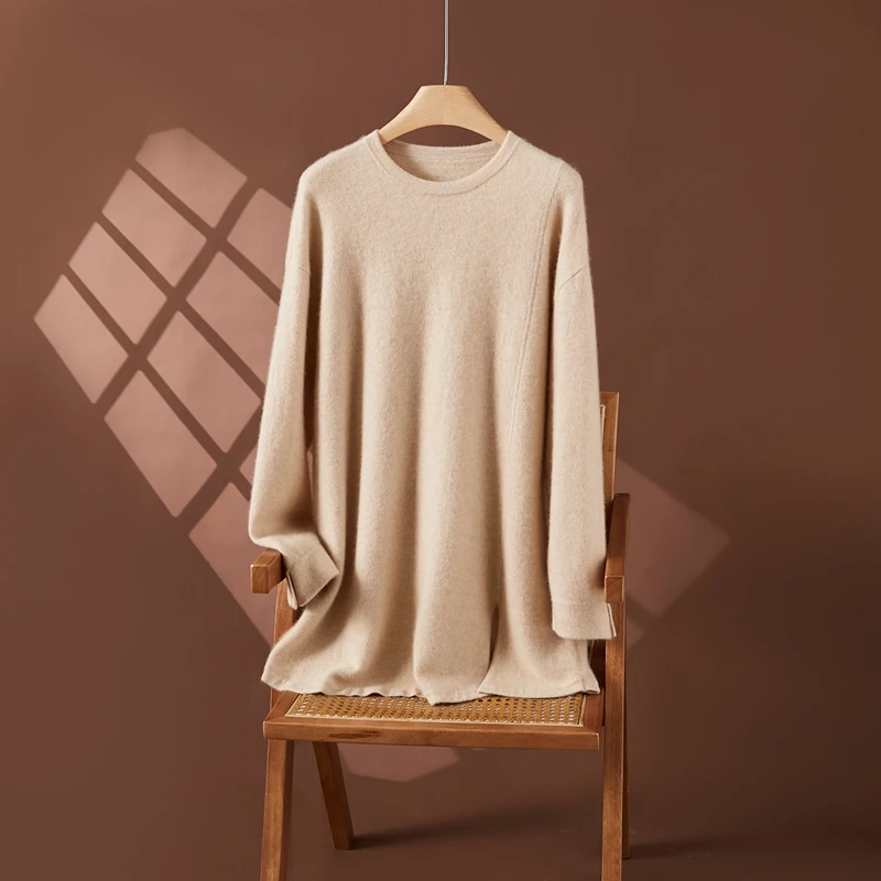 Autumn Winter Women 100% Cashmere Sweater Round Collar Pullover Soft Warm Cashmere Knitwear Long Sleeve Loose Mid-long Clothing