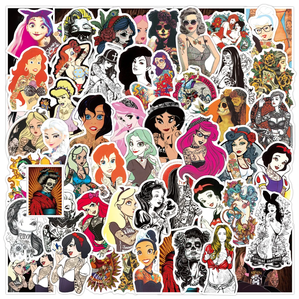 10/30/50PCS Tattooed Beauty Cool Princess Cartoon Stickers DIY Laptop Luggage Skateboard Graffiti Decals Fun for Kid Gift