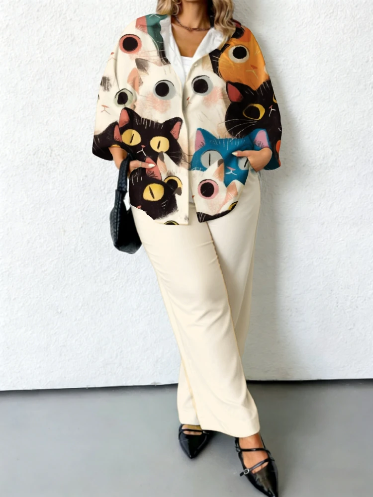 

Plus Size Cute Cat Graphic Two Piece Outfit Women's Oversized Shirt & High Waist Wide Leg Pants Casual Vacation Wear 5XL Femme