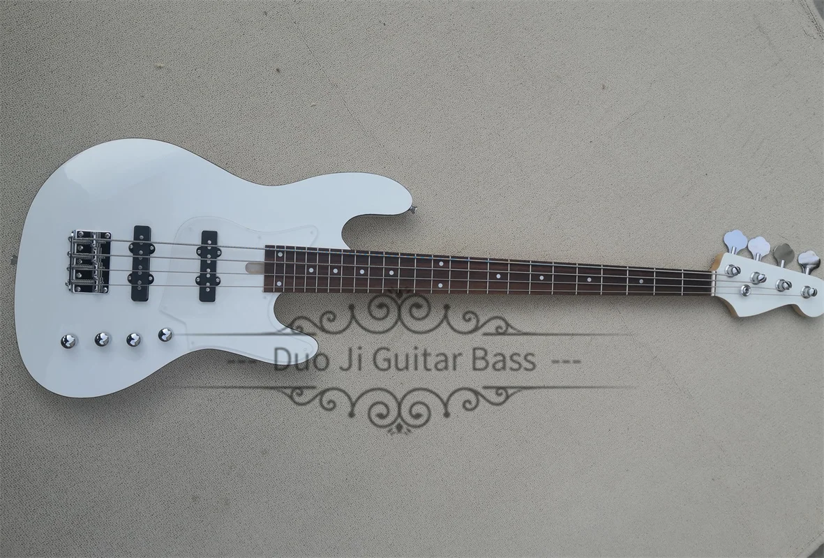 White Bass 4 Strings bass guitar Basswood Body  Black Binding Acrylic Pickguard Fixed Bridge Chrome Tuners