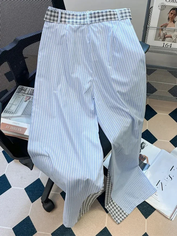 Jmprs سروال مخطط مرقع للنساء حزام كوري عالي الخصر بنطلون مستقيم غير رسمي فضفاض أنيق أنثى موضة بنطال ذو قصة أرجل واسعة #2