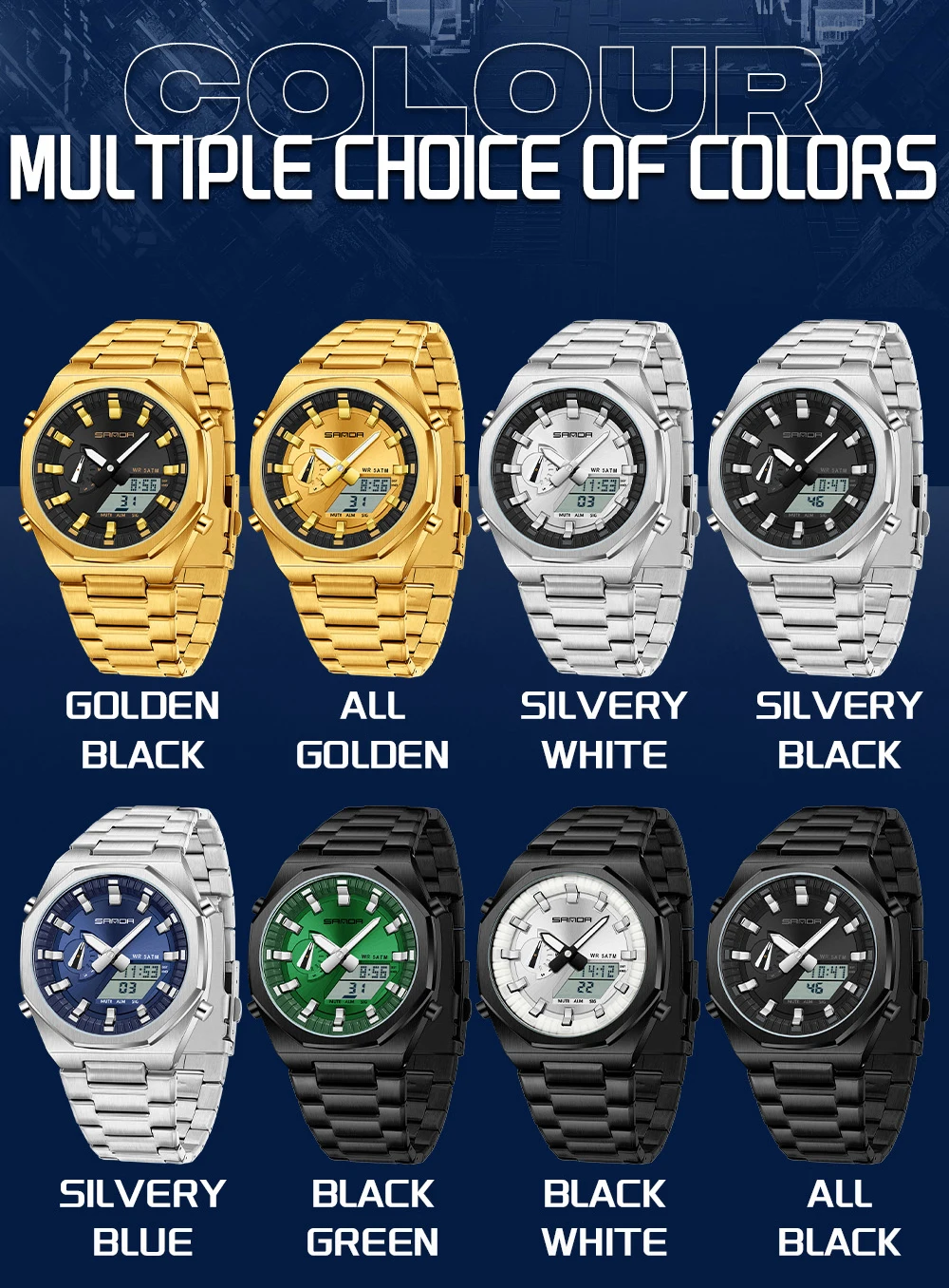 SANDA 3376 นาฬิกาผู้ชาย 2025 ใหม่นาฬิกาอิเล็กทรอนิกส์เหล็กแนวโน้ม Cool นาฬิกาปลุกมัลติฟังก์ชั่นนาฬิกาสําหรับชายนาฬิกาของขวัญ