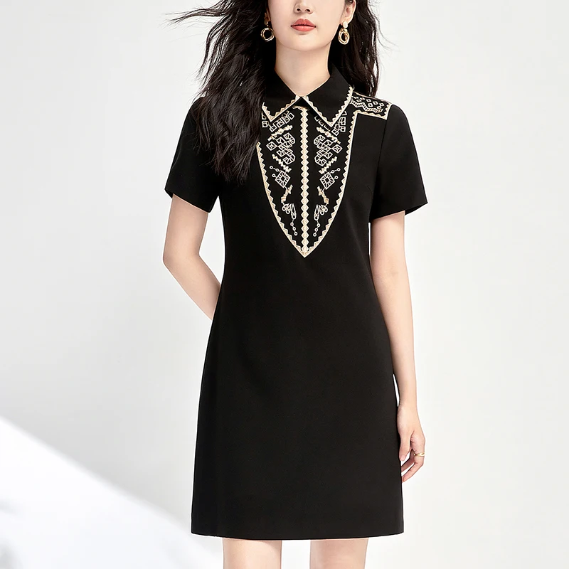 

Summer Dresses For Women 2024 Elegant Turn-down Collar Short Sleeve Vintage Embroidery Women's Clothing Office Lady Black Dress