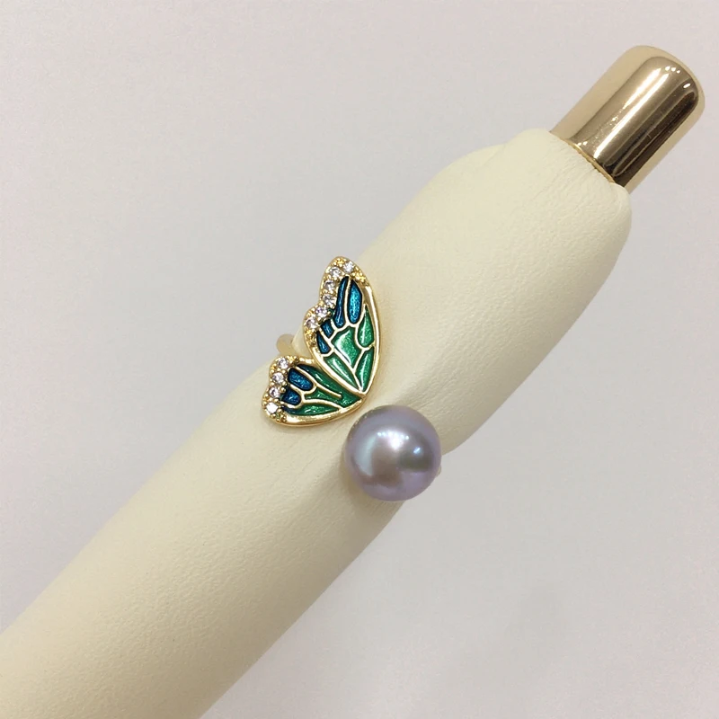 ZHBORUINI New Trendy Fine Pearl Ring Real Natural Pearl Enamel butterfly wings Ring Design Female Wedding jewelry Gift