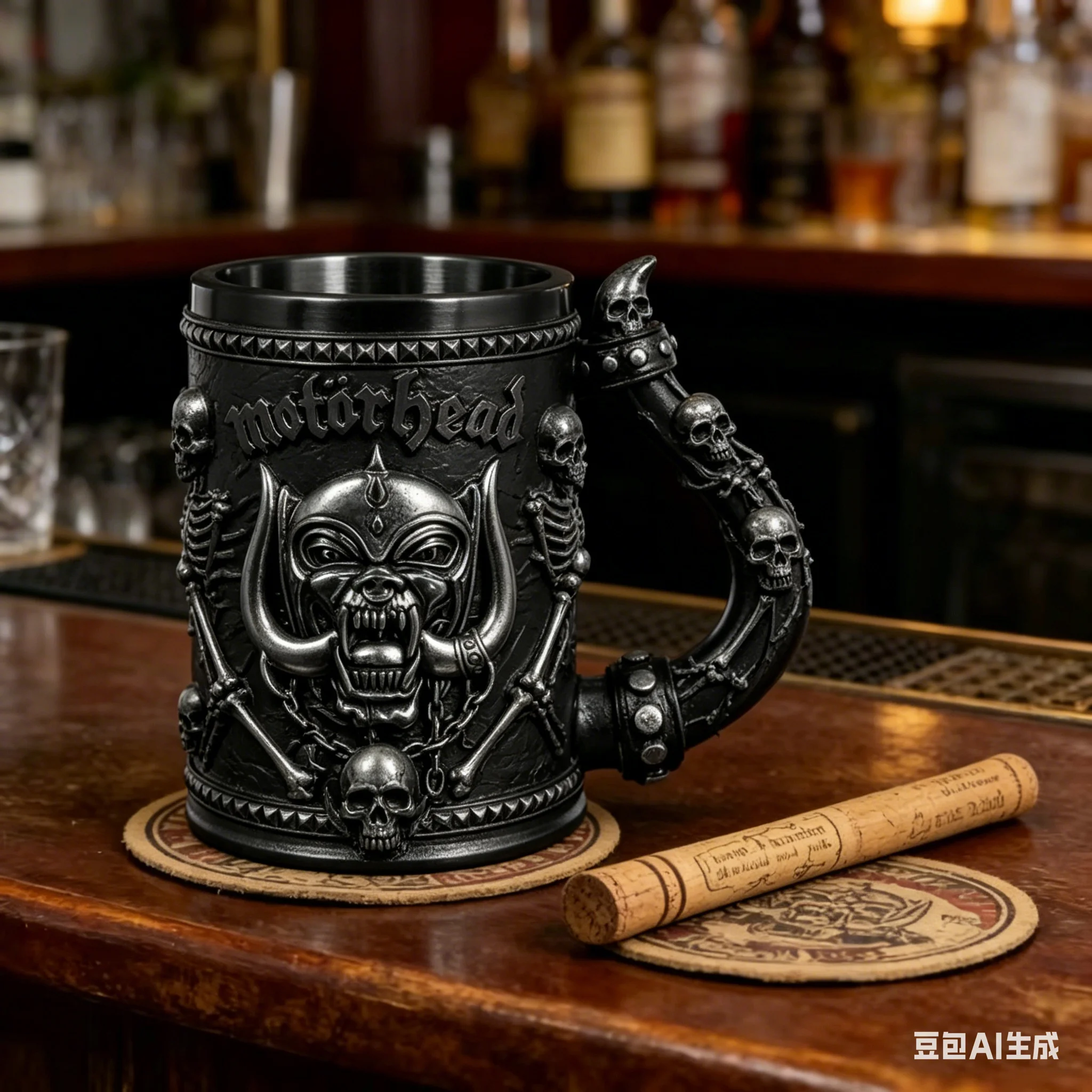 CHUNCHUN Gotische Wohndekor-Kaffeetasse - 3D-Geprägtes Totenkopf-Design, Edelstahlkern, Spezieller Horngriff