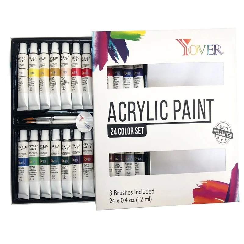 

Acrylic Paint Set 24 Colors 12ml Tube Acrylic Paint Set With 3 Brushes For Rock,Ceramic,Clothing, Pigments for Artists Beginners