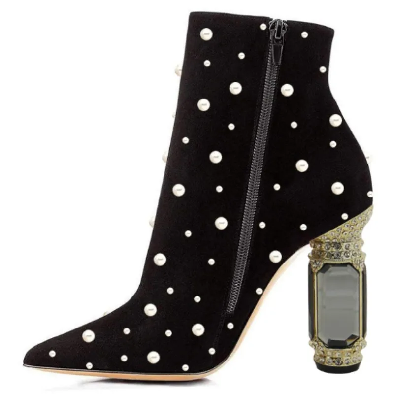 

SHOFOO Sexy women's high-heeled boots. Black suede short boots About 10.5cm heel height Crystal heel Fashion show banquet shoes