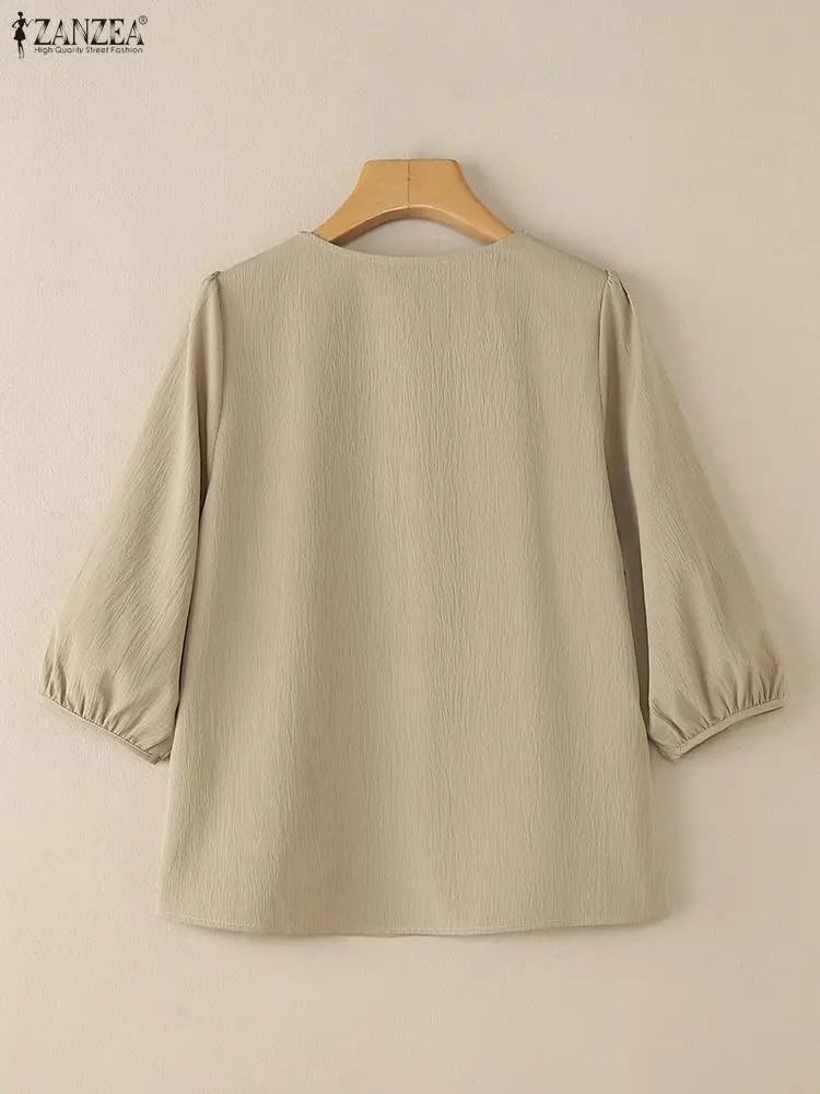 Women Elegant Bow Detailed Blouses Keyhole Neck 3/4 Puff Sleeve Crinkled Solid Color Tops ZANZEA Fashion Woman Cloth Autumn 2025
