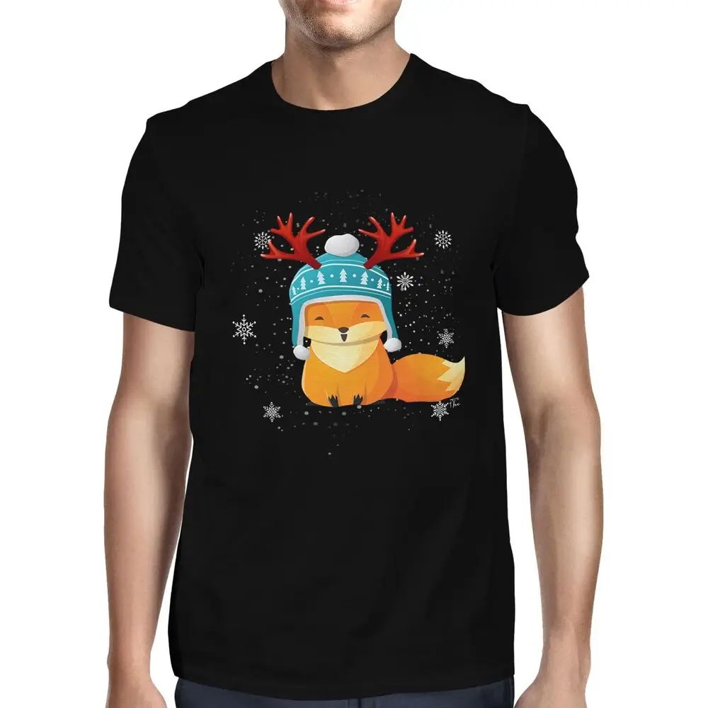 Mens Cute Christmas Fox Wearing Hat with Reindeer Antlers T-ShirtUnisex Women's Summer Cotton Luxury Brand Retro OversizedUnisex