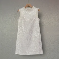 Elegant Sequined Pearl O Neck Sleeveless Dress Women Fashion Luxury Party Basic Vintage Sweet Small Fragrant Tweed Vest Dress